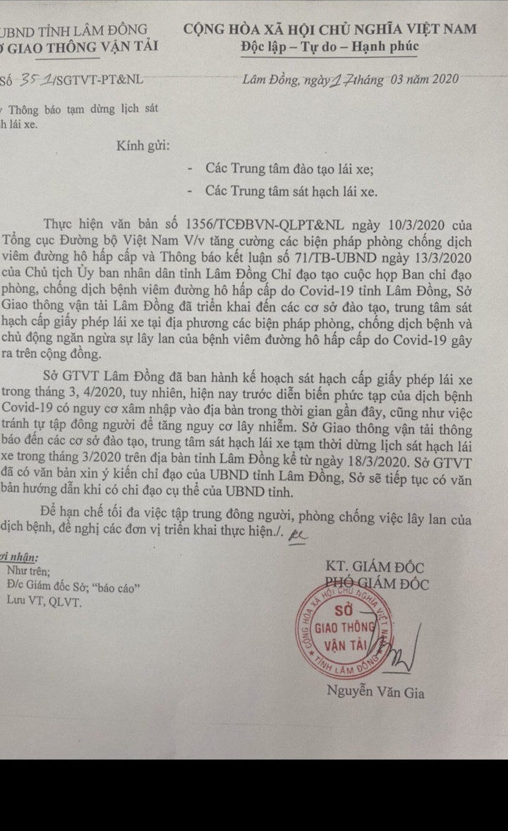 Lâm Đồng tạm dừng sát hạch, cấp giấy phép lái xe